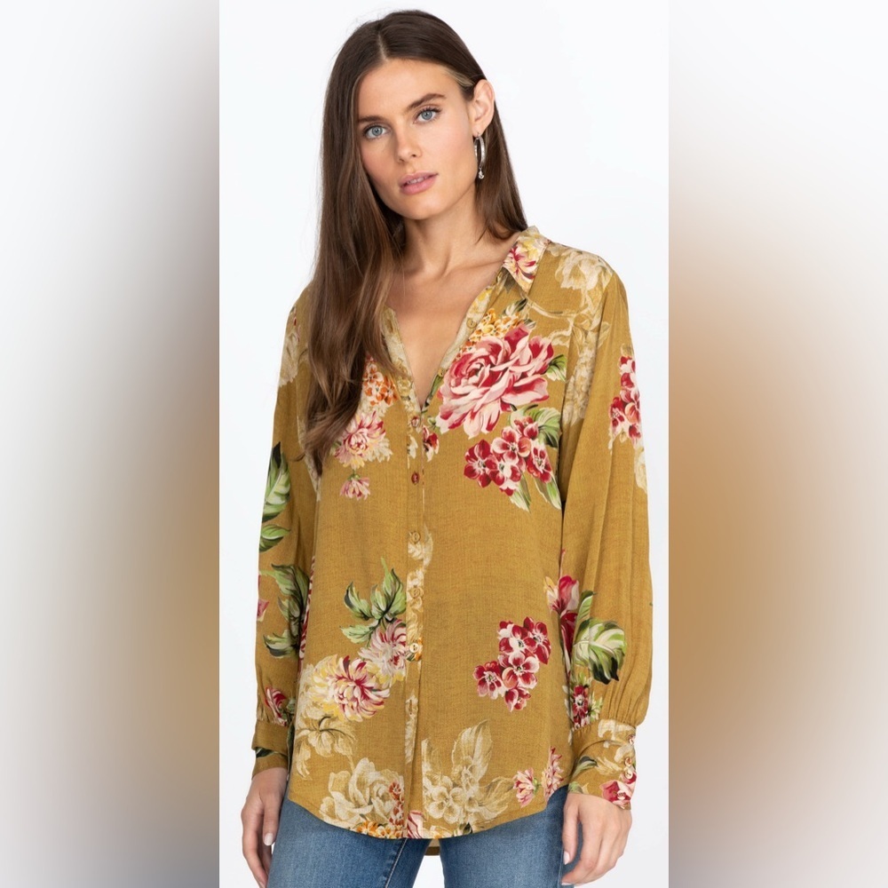 Johnny Was VINTAGE ROSE YRENE BUTTON UP Silk, Size Small